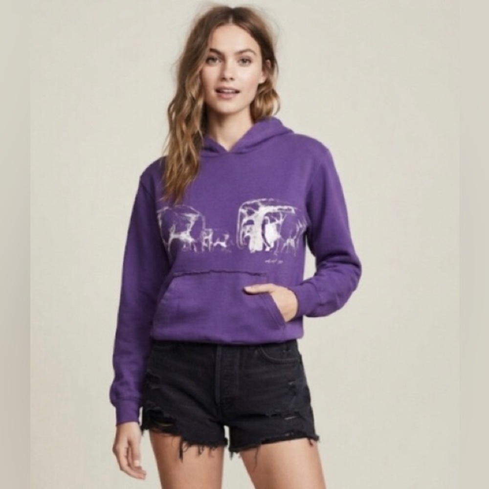 Violet elephant graphic hooded long sleeve sweatshirt kangaroo pocket | size L